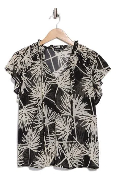 Pleione Flutter Sleeve Split Neck Top In Black/ecru Daisy