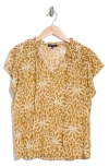Pleione Flutter Sleeve Split Neck Top In Taupe/ecru Ikat Geo