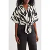 Pleione Front Tie Textured Popover Top In Black