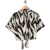 Pleione Front Tie Textured Popover Top In Cream/black Paint Stroke