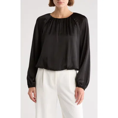 Pleione Long Sleeve Bubble Hem Satin Top In Black