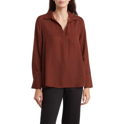 Pleione Long Sleeve Pocket Tunic Shirt In Brown/black Stripe