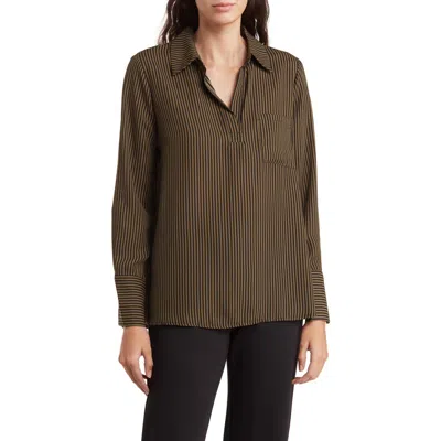 Pleione Long Sleeve Pocket Tunic Shirt In Olive/black Stripe