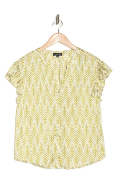 Pleione Print Ruffle Sleeve Top In Ivory Green Fern Print