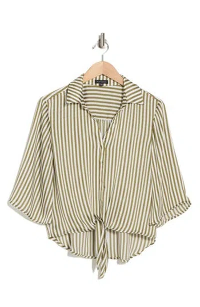 Pleione Print Tie Front Shirt In Light Olive Cream Stripe
