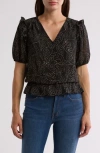 Pleione Puff Sleeve Peplum Top In Black Linear Leaf