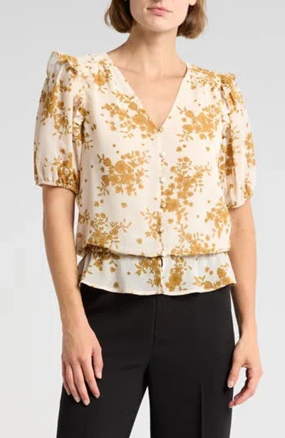 Pleione Puff Sleeve Peplum Top In Ivory Gold Print