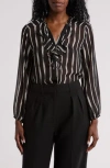 Pleione Ruffle Long Sleeve Button Front Blouse In Black Ivory Wave