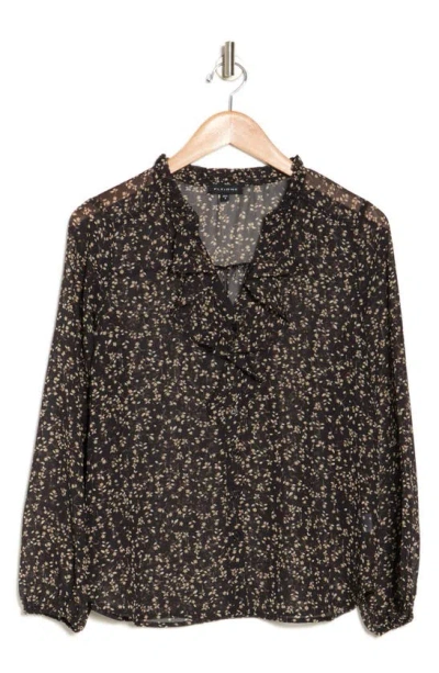 Pleione Ruffle Long Sleeve Button Front Blouse In Black Taupe Ditsy Floral