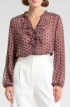 Pleione Ruffle Long Sleeve Button Front Blouse In Burgundy/ecru Chain