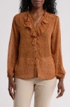 Pleione Ruffle Long Sleeve Button Front Blouse In Caramel Ditsy Dot