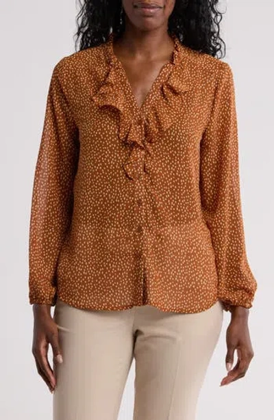 Pleione Ruffle Long Sleeve Button Front Blouse In Caramel Ditsy Dot