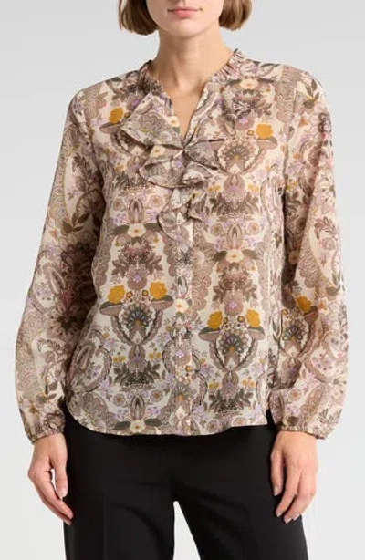 Pleione Ruffle Long Sleeve Button Front Blouse In Ivory Taupe Wallpaper