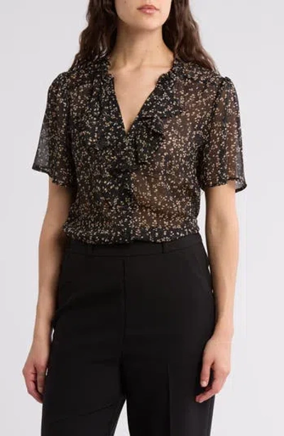 Pleione Ruffle Short Sleeve Button-up Top In Black Ivory Ditsy Floral