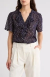 Pleione Ruffle Short Sleeve Button-up Top In Navy Beige Dot
