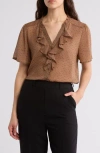 Pleione Ruffle Short Sleeve Button-up Top In Tan Black Stripey Dot