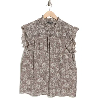 Pleione Ruffle Smocked Sleeveless Top In Stone Stencil Floral