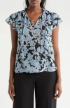 Pleione Ruffle Tie Neck Top In Blue