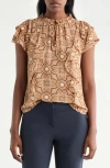 Pleione Ruffle Tie Neck Top In Brown