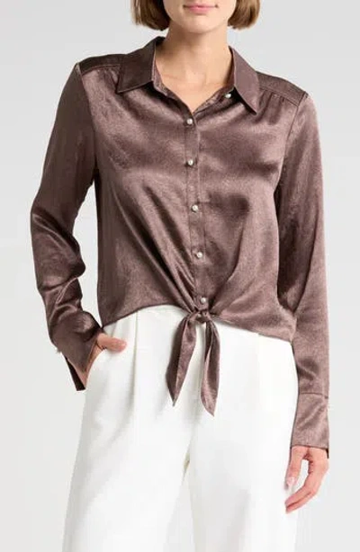 Pleione Satin Tie Front Button-up Shirt In Deep Taupe