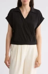 Pleione Short Sleeve Faux Wrap Textured Satin Top In Black