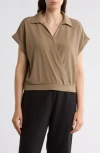 Pleione Short Sleeve Faux Wrap Textured Satin Top In Brown