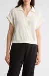 Pleione Short Sleeve Faux Wrap Textured Satin Top In White