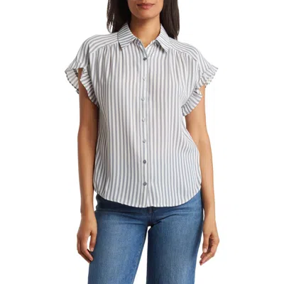 Pleione Stripe Ruffle Short Sleeve Button-up Shirt In Gray/ivory Stripe