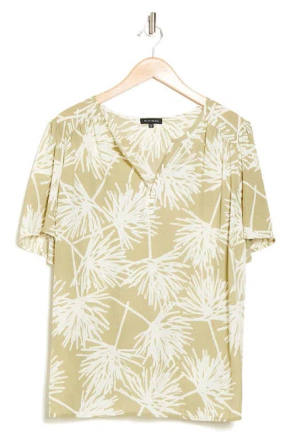 Pleione Stripe Short Sleeve High-low Tunic Top In Sage Ivory Palm Fan