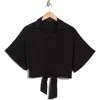 Pleione Textured Front Tie Popover Top In Black