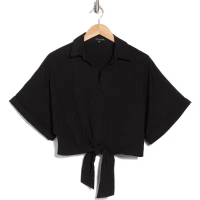 Pleione Textured Front Tie Popover Top In Black