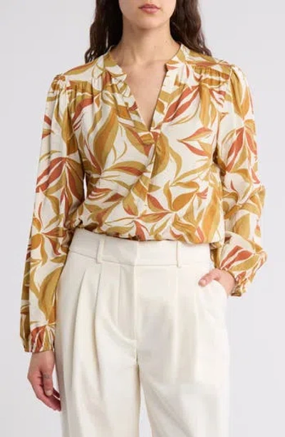 Pleione Textured Long Sleeve Top In Ecru/caramel/taupe Floral