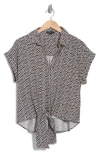 Pleione Tie Front High-low Button-up Shirt In Navy Cream Shell
