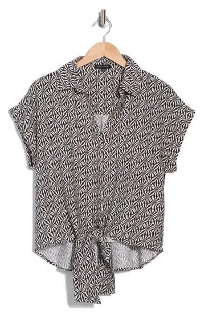 Pleione Tie Front High-low Button-up Shirt In Navy Cream Shell