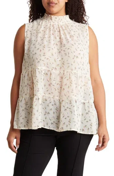 Pleione Tiered Mock Neck Babydoll Top In Ivry Blush Floral