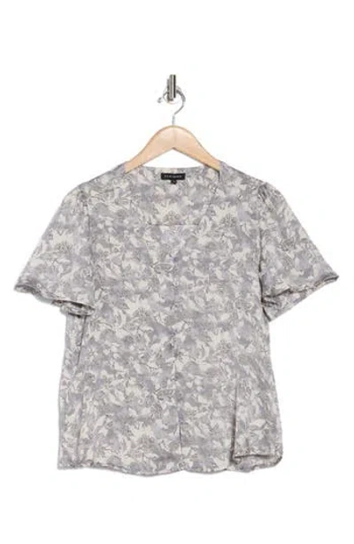 Pleione V-neck Button Top In Grey/ecru Abstract Flrl