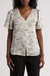 Pleione V-neck Button Top In Ivory Black Stencil