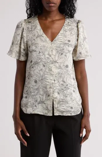 Pleione V-neck Button Top In Ivory Black Stencil
