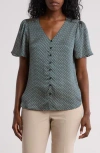 Pleione V-neck Button Top In Velvet Green Geo Print