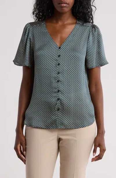 Pleione V-neck Button Top In Velvet Green Geo Print