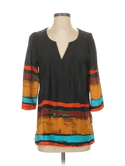 Pre-owned Plenty By Tracy Reese 3/4 Sleeve Silk Top Black Plunge Neckline Tops