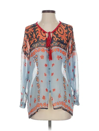 Pre-owned Plenty By Tracy Reese Long Sleeve Silk Top Blue Tie Neck Tops