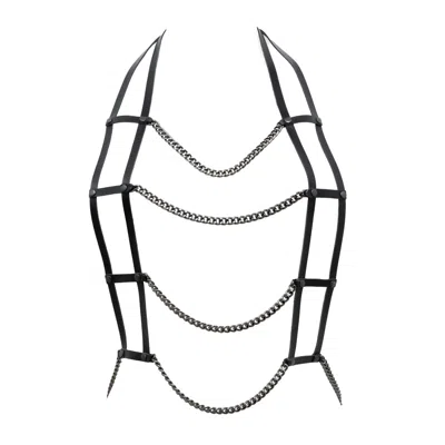 Plik X Haya Women's Black Leather Harness Necklace With Chain - Body Piece Provocateur