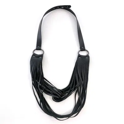 Plik X Haya Women's Long Leather Fringe Necklace - Waterfall In Black
