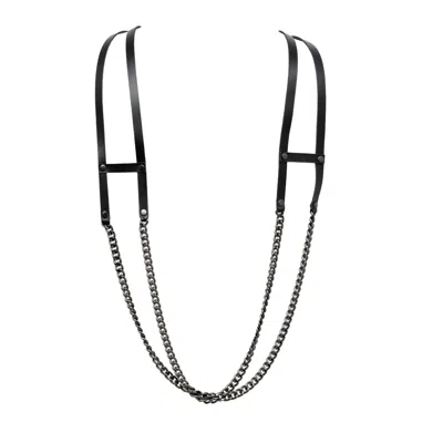 Plik X Haya Women's Long Leather Necklace With Chain- Alexa In Black