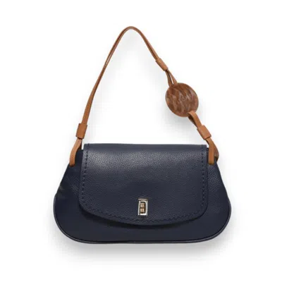 Plinio Visona' Shoulder Bag In Blue Textured Leather With Flap And Metal Closure