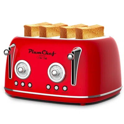 Plumchef 4 Slice Retro Style Toaster, Dual Control Toaster, 6 Browning Settings, Bagel/defrost Functions, Rem
