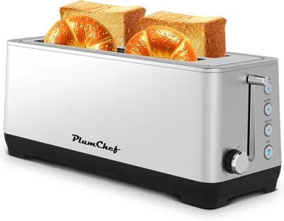 Plumchef 4-slice Toaster, Extra Wide Long Slot Toaster, 6 Browning Settings, Bagel/defrost/reheat Functions,  In Silver