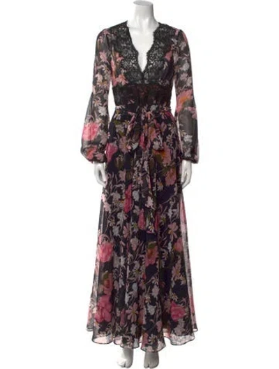 Pre-owned Pnina Tornai Floral Print Long Dress In Black