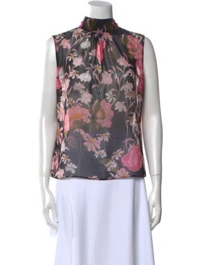 Pre-owned Pnina Tornai Floral Print Mock Neck Blouse In Black